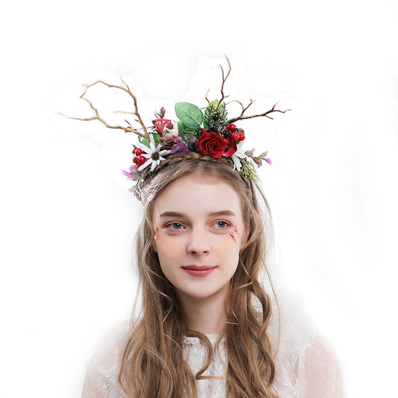 

Christmas Colorful Rose Flower Headwear Wedding Bridal Fairy Reindeer Antlers Hair Hoop Cosplay Princess Festival Headdress