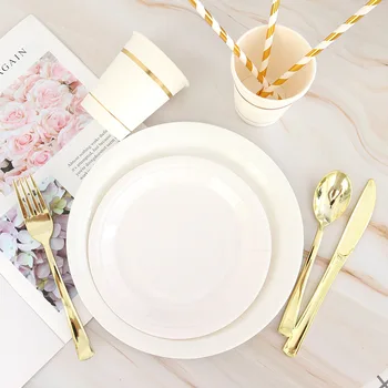 

60pcs/lot Wedding party white paper cup plate Disposable tableware for anniversary wedding party cake plate Decoration Supplies