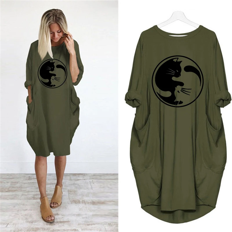 

2019 Dress Printing Cute Cat Pocket Loose Dress Vintage Fall Maxi Clothes Woman Party Casual Dresses New Women Dresses Plus Size