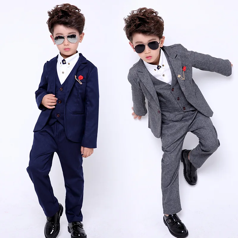 Formal wedding Flowers Boys Suit Blazer Kids Party children Tuxedo jacket Vest Pant 3pcs clothes Children Prom Ceremony Costume