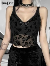 

InsDoit Gothic Clothes Mesh Black Corset Camis Women Streetwear Backless See Through Sexy Crop Top Sleeveless Summer Slim Tops