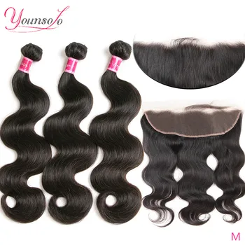 

Younsolo Brazilian Body Wave With Frontal 13x4 Lace Frontal Closure With Bundles Remy Human Hair Weave 3 Bundle With Frontal