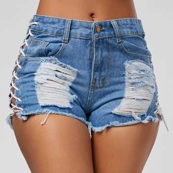 

Sexy Summer Women Denim Shorts 2020 New Black Blue High Waist Ripped Short Jeans Femme Tassel Lace Up Bandage Hotpants