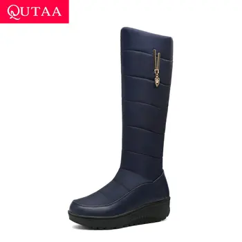 

QUTAA 2021 Snow Boots Winter Round Toe Down PU Leather Knee High Women Boots Metal Decoration Keep Warm Long Boots Size 35-43