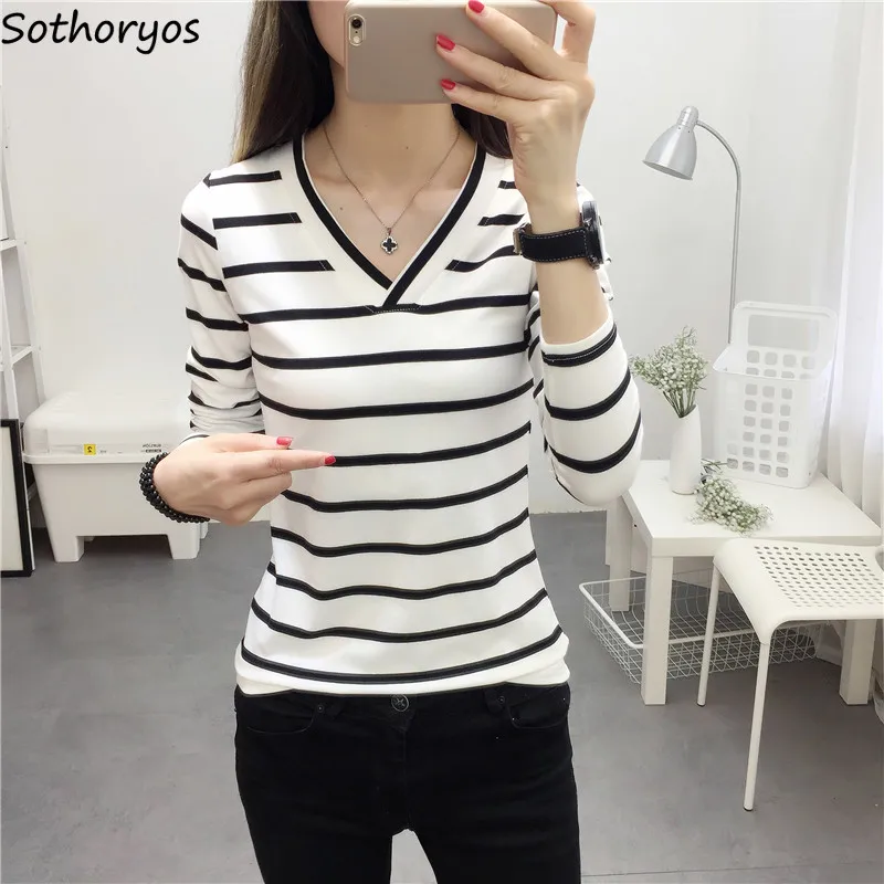 Футболки в полоску с длинным рукавом простые Универсальные высококачественные