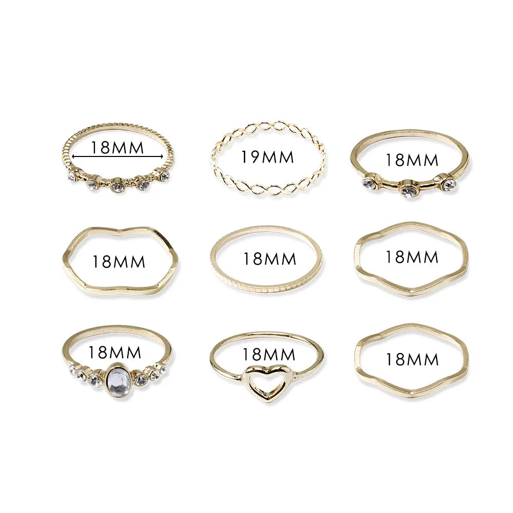 9pcs/set Bohemian Vintage Heart Pearl Gold Crescent Geometric Joint Ring Set for Women Crystal Ring Party Wedding Jewelry Gift