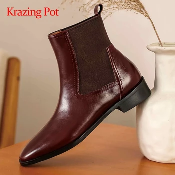 

Krazing pot stretch boots genuine leather patchwork round toe thick low heel slip on catwalk convenient basic ankle boots L8f1