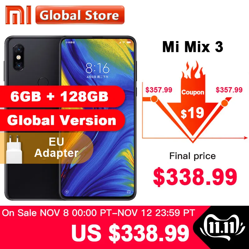 Глобальная версия Xiaomi Mi Mix 3 6GB 128GB Snapdragon 845 Octa Core Smartphone 24.0MP Передняя камера