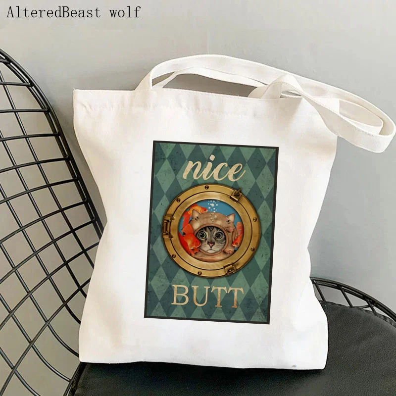 Women Shopper bag Cat Diver Nice Butt Printed Bag Harajuku Shopping Canvas Shopper Bag girl handbag Tote Shoulder Lady Bag