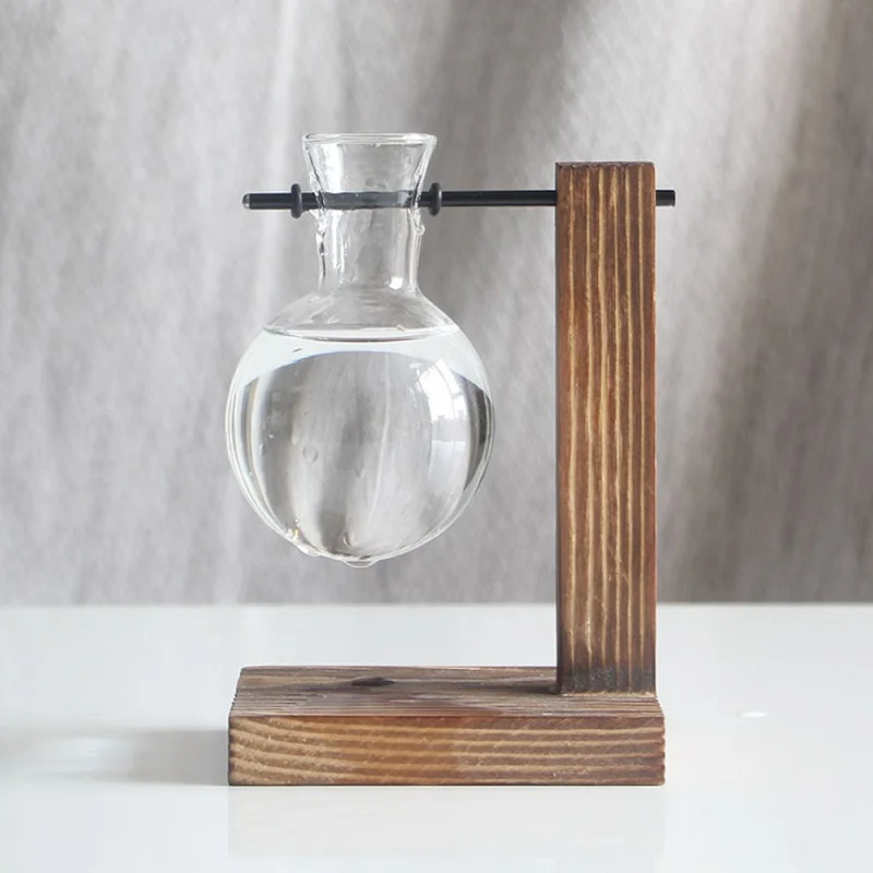 Vintage Style Glass Desktop Plant Bonsai Flower Christmas Decoration Vase With Wooden L Shape Tray Home Decor Accessories