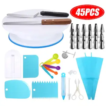 

45PCS/Set Cake Decorating Tools Kit Icing Tips Turntable Pastry Bags Couplers Cream Nozzle Baking Tools Set for Cupcakes Cookies
