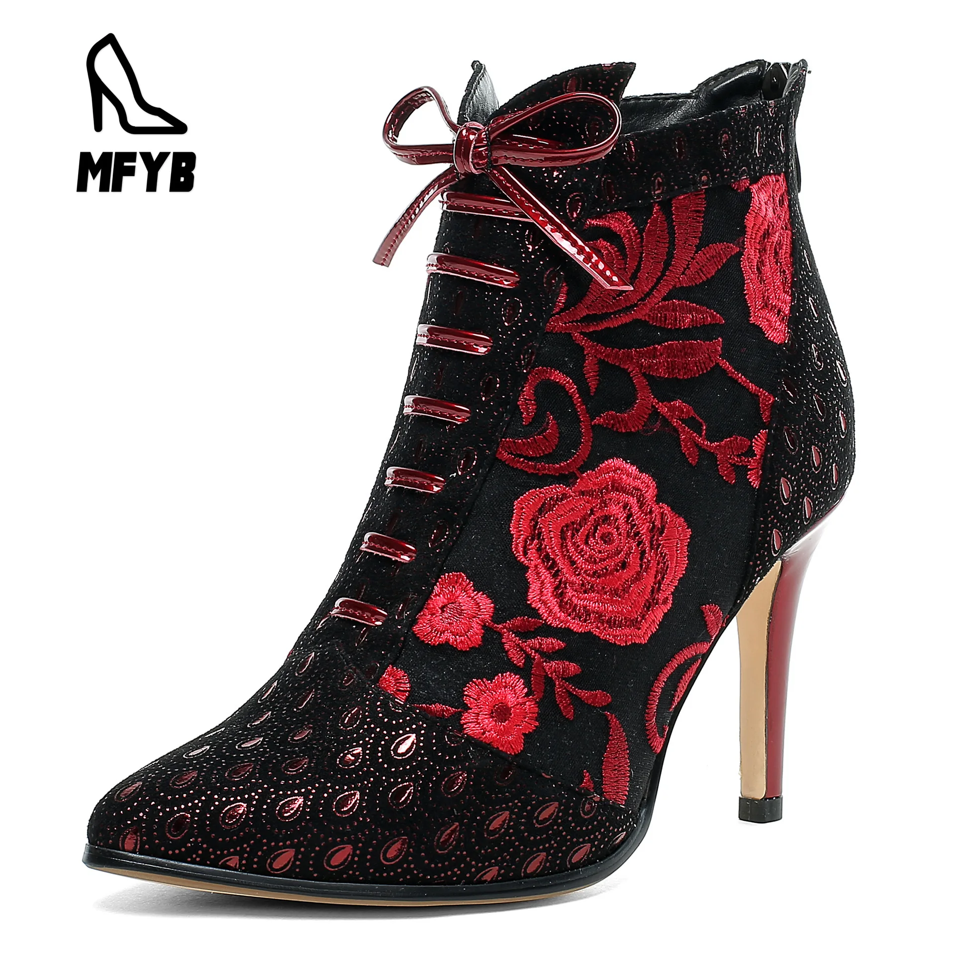 

MFYB Women's boots 2019 autumn and winter new sexy stiletto super high heel 40-43 yards pointed embroidery women's low boots
