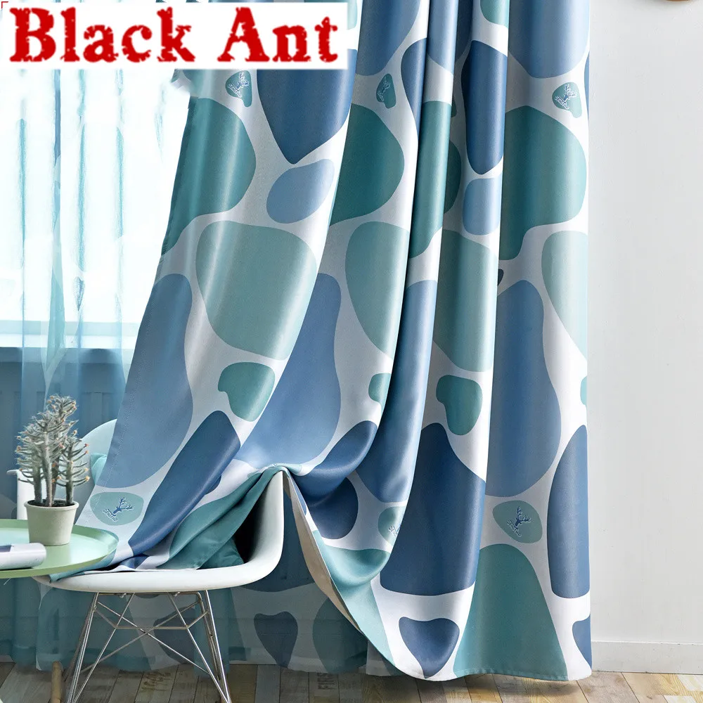 Голубые занавески с геометрическим принтом затемняющие шторы для гостиной