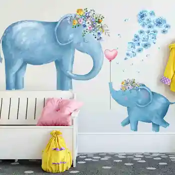 

Blue Elephant Flower Balloon Wall Stickers Animal Kids Room Decoration Vinyl Wallpaper Baby Bedroom Waterproof Wall Decals