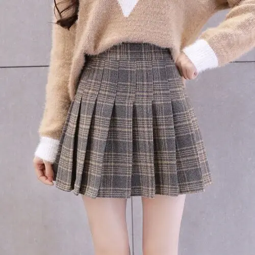 

Plaid Woolen Pleated Skirt Autumn and Winter Wild Short Skirt High Waist Slimming Skirt Outer Wear Bottoming A- line Dress