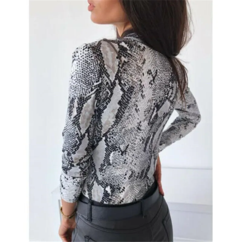 Women Long Sleeve Leopard Skin Prinetd Blouse Sexy Autumn Casual V-neck Blouse Shirt Slim V Neck Leotard Tops Fashion Slim Shirt