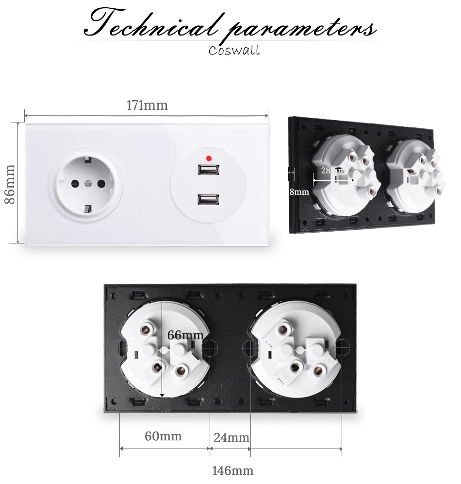 Coswall кристальная панель из закаленного чистого стекла настенная розетка стандарта ЕС+ двойной usb порт для зарядки 2.4A выход 172*86 мм серия R11