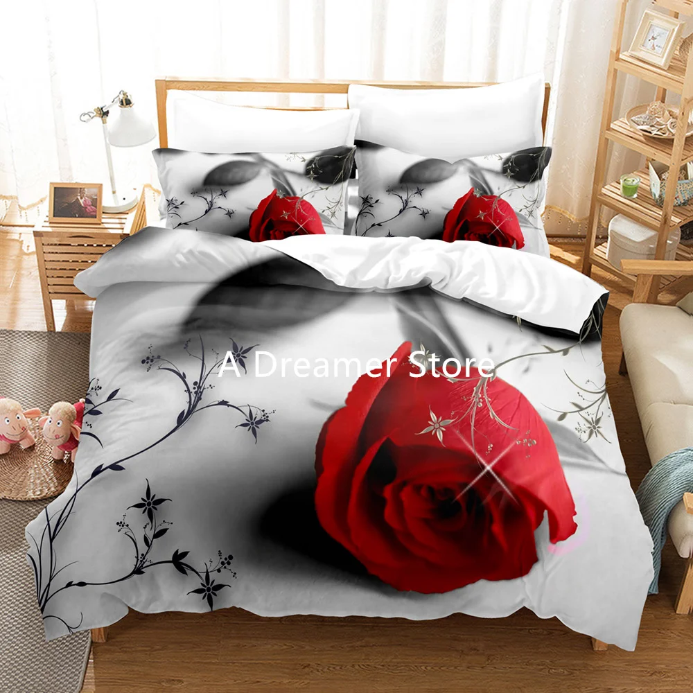 Nordic Style Red Rose Flowers Duvet Cover Sets Luxury Comforter Bedding Clothes Pillow Shams Double European Bedclothe 