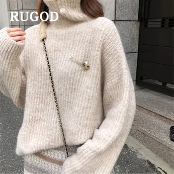 

RUGOD pull woman solid turtleneck thick soft knitted pullover long sleeve loose warm sweater fashion female elegant casual tops