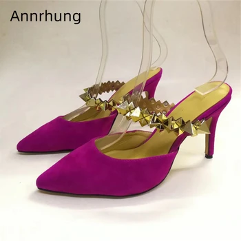 

Sexy Rivet One-strap Runway Slippers Women 10cm Stiletto Heel Pointed Toes Luxury Suede 2020 Summer Shoes Woman