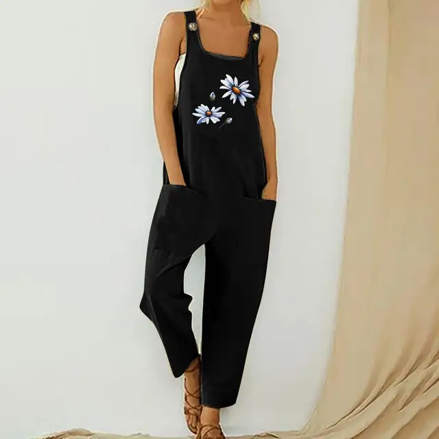 Womens Dungarees Print Rompers 2021 Summer New Ladies Casual Loose Linen Cotton Jumpsuit Sleeveless Pocket Overalls Playsuit 3A1893-Black