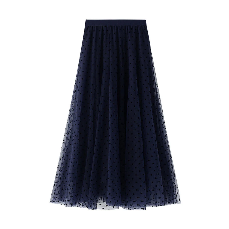 OHRYIYIE Autumn Winter Black Polka Dot Tulle Skirts Women 2023 New Casual Elastic High Waist A-line Skirt Female Mesh Mid Skirt