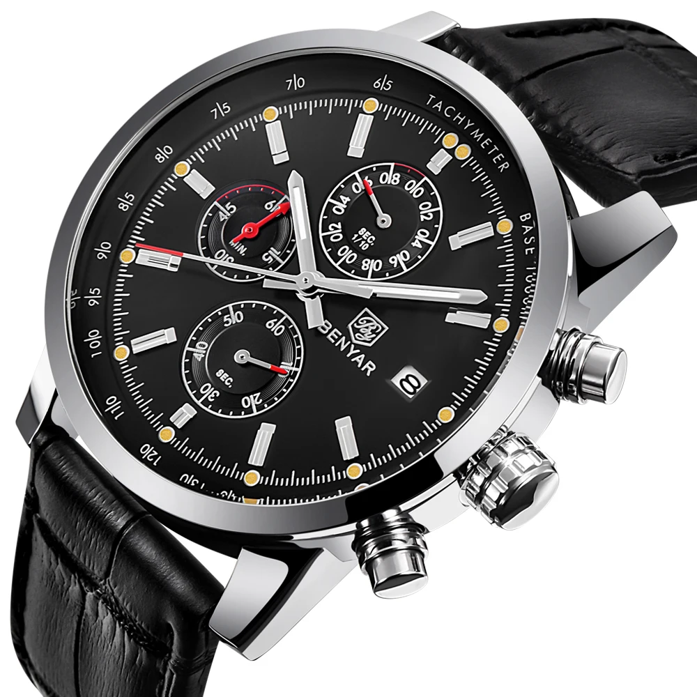 

BENYAR Top Luxury Mens Fashion Sport Chronograph Watches Male Date leather Quartz Watch Luminous Steel Clock relogio Masculino