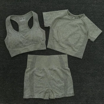 

3 PCS Women Summer Seamless yoga set Fitness Sports Suits GYM Clothing Yoga T-Shirts+High Waist shorts+Bra Workout suit