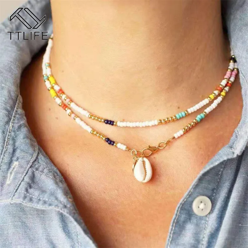 

TTLIFE Fashion Necklace Bohemian Colorful Rainbow Beads Shell Pendant Necklace for Women Beach Party Clavicle Chain Jewelry Gift