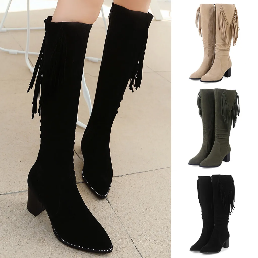 Gladiator Women Rome High Boots Winter Suede Tassel Long Tube Riding Boot Female Knee High Heel Shoes Fringe Pointed Botas Sexy