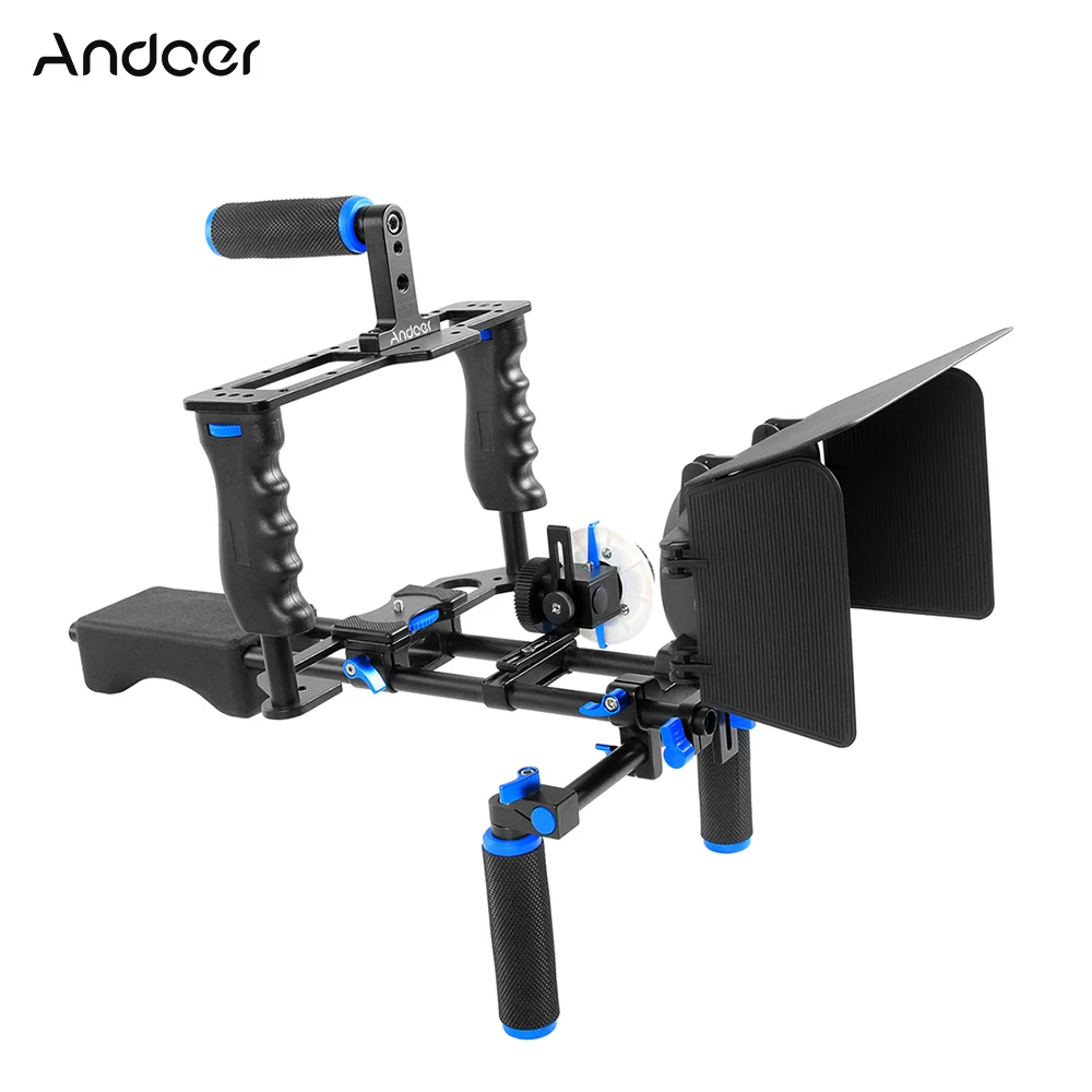 

Andoer D221 Aluminum Alloy Camcorder Video Cage Kit Film Making System with Cage Shoulder Pad Matte Box Follow Focus Handle Grip