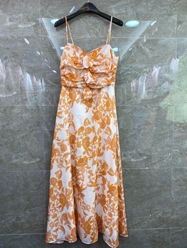 

2020 Spring and Summer New Women's off-Shoulder Chest Wrinkle Knot Printed Long Dress 607