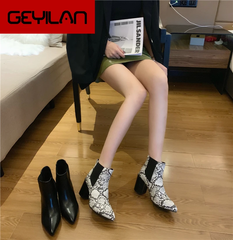 

Fashion Women Pointed Toe Martin Boots Block High Heels Slip On Ankle Boots Snake Printed Elastic Short Boots Women Party Shoes