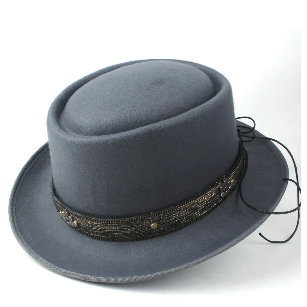 Мужская и женская шляпа со свининой, плоская повседневная шляпа, шляпа для церкви, джаза, шерстяная плоская фетровая шляпа в стиле джаз, шляпа-чародей, размер 58 см - Цвет: Gray