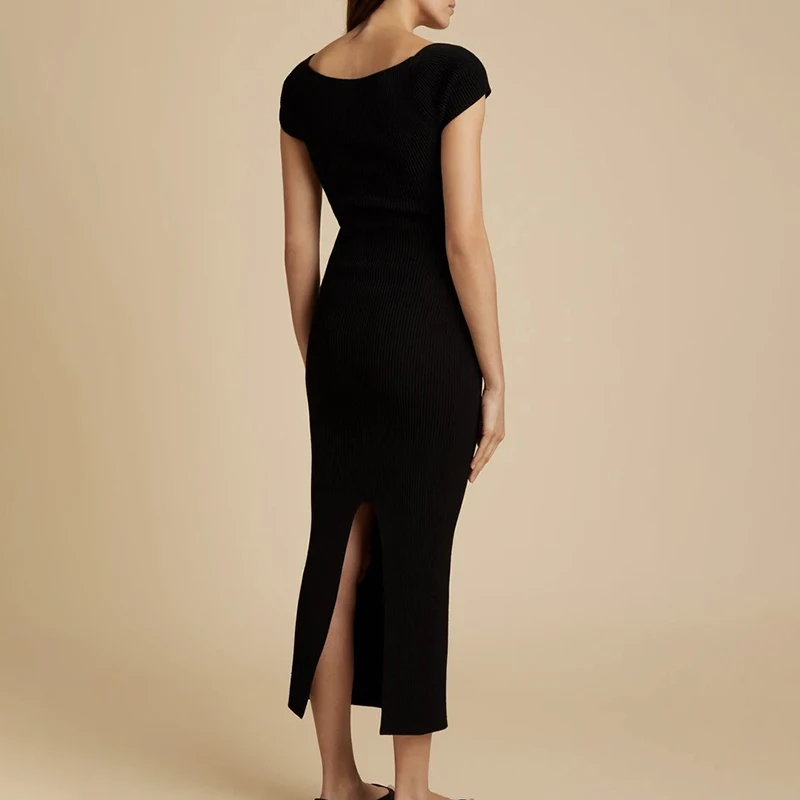 TWOTWINSTYLE Vntage Slim Knitting Women Dress Square Collar Short Sleeve High Waist Midi Dresses For Female Fashion 2020 Clothes