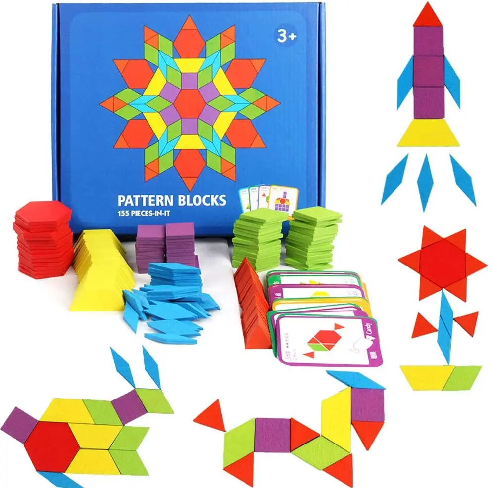 

155Pcs Wooden Pattern Blocks Set Geometric Shape Puzzle Kindergarten Educational Tangram Toys with 24 Pcs Design Cards