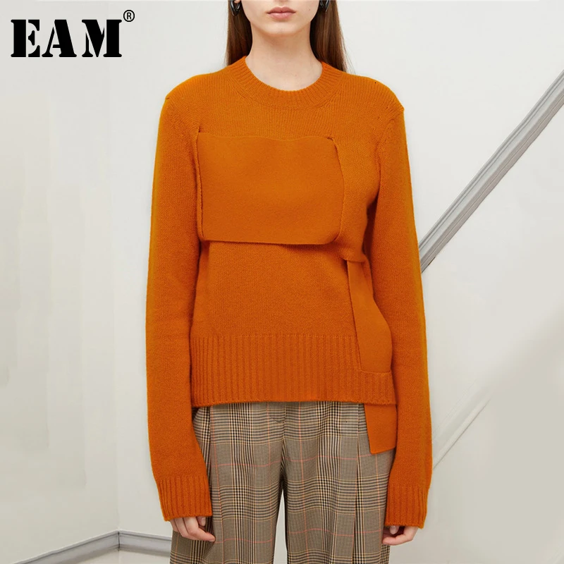 

[EAM] Split Joint Personality Knitting Sweater Loose Fit Round Neck Long Sleeve Women New Fashion Tide Autumn Winter 2019 1D480