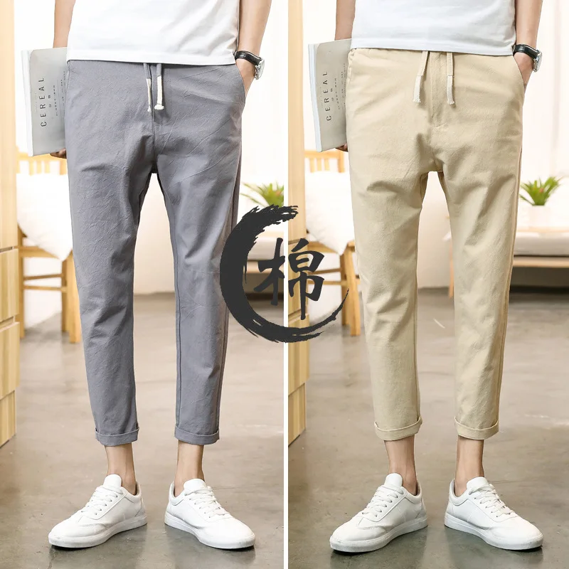 

Summer Cotton Linen Capri Pants Men's Japanese-style Retro Flax Skinny Casual Pants Drawstring Fashion Men's Trousers Solid Colo