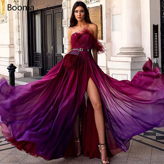 Booma Plum Gradient Evening Dresses Sweetheart Feather High Slit Side  Evening Gowns One Shoulder Ruched A-Line Formal Dresses - AliExpress