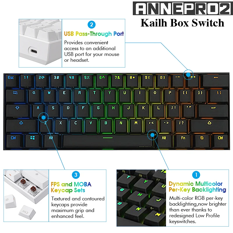 Anne Pro2 Kailh коробка переключатель мини Портативная 60% механическая клавиатура Беспроводная bluetooth 4,0 тип-c RGB Obins переключатель игровая клавиатура