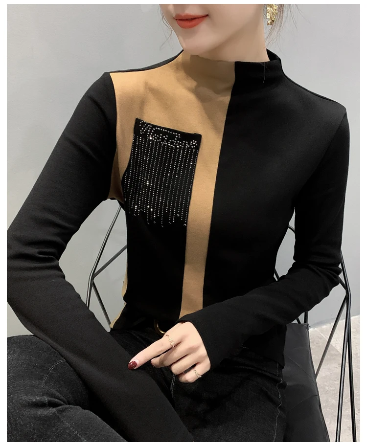 Blusas Mujer De Moda, Корейская тонкая рубашка с длинным рукавом для женщин, модные офисные женские топы, повседневные топы с круглым вырезом и стразами 7840 50