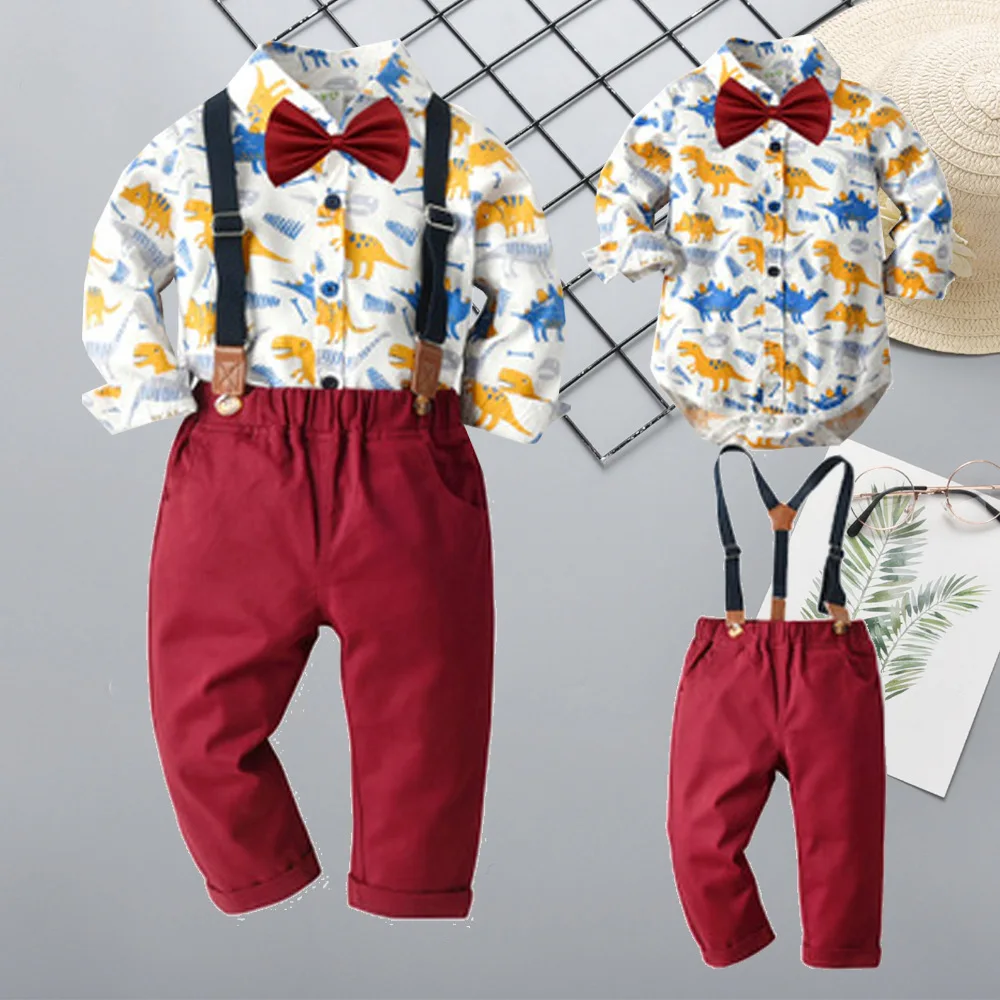 

Baby Male Baby Cotton Dinosaur Cartoon Romper Suspender Trousers Set Crawling Clothes Childrenswear Infant Grabbing Test on the