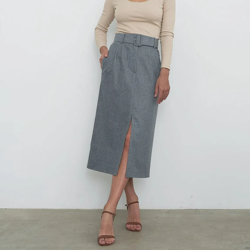 

Skirt For Women Woolen Fall Winter New Style High Waist Belt Commuter Split Mid Length Hip Skirt Female Clothes Fashion Lady