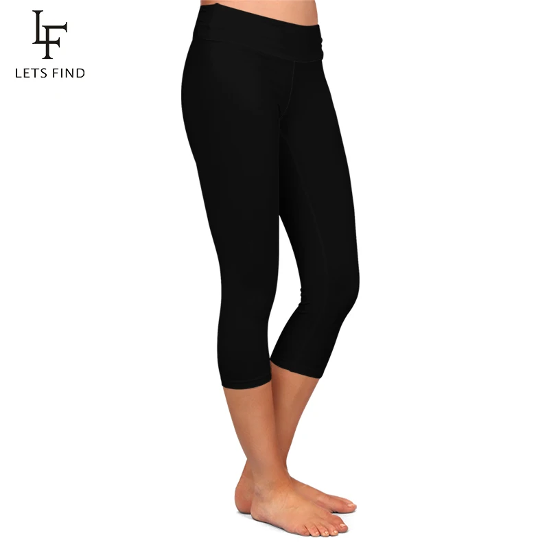 yoga leggings LETSFIND High Quaility Milk Silk Women High Waist Plus Size Fitness Capri Leggings Solid Black Elastic Soft Slim Mid-Calf Pants leggings with pockets