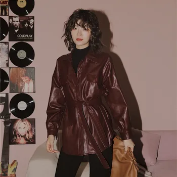 

sharezz Autumn Winter 2020 Loose Fit Wine Red Pu Leather Short Jacket New Stand Collar Long Sleeve Women Coat Fashion Tide