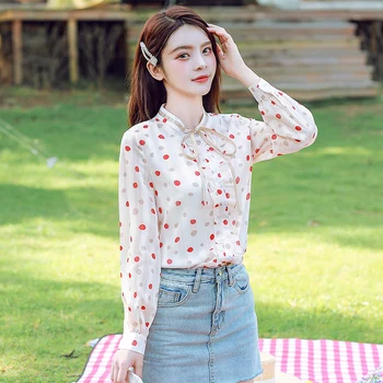

COIGARSAM Fashion Full Sleeve Shirt Womens tops New Spring Chiffon Polka Dot Bow Women shirts Apricot 9503