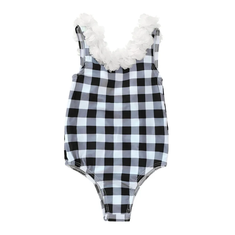 

Swimwear Kids Girls Plaid Print Petal Ruffled Sleeveless Bodysuit Swimsuit For Kids 1-5Y