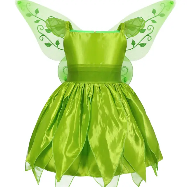 Girls Spring Summer Party Princess Dress Butterfly Fairy Cosplay Costume Wings Accessories Sling Lotus Leaf Skirt Zipper Placket green