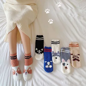

Lovely Puppy Socks Adult Animal Print Coral Fleece Middle Tude Socks Home Thickening Warm Socks Носки Женские Набор