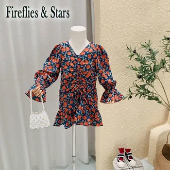 

Spring Autumn girls dress Baby blouse dress kids vestidos Children clothes V neck pletaed coul floral print ruched 2 to 9 yrs